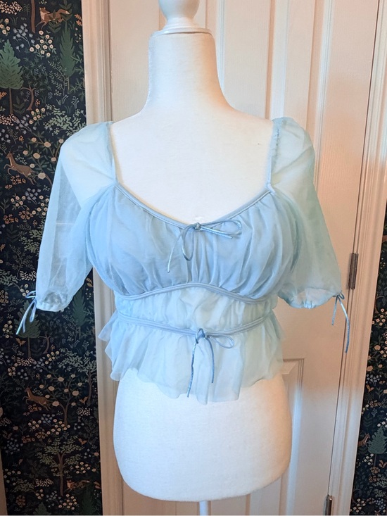 Tops - Light Blue Sheer Peplum Tie-Front Top